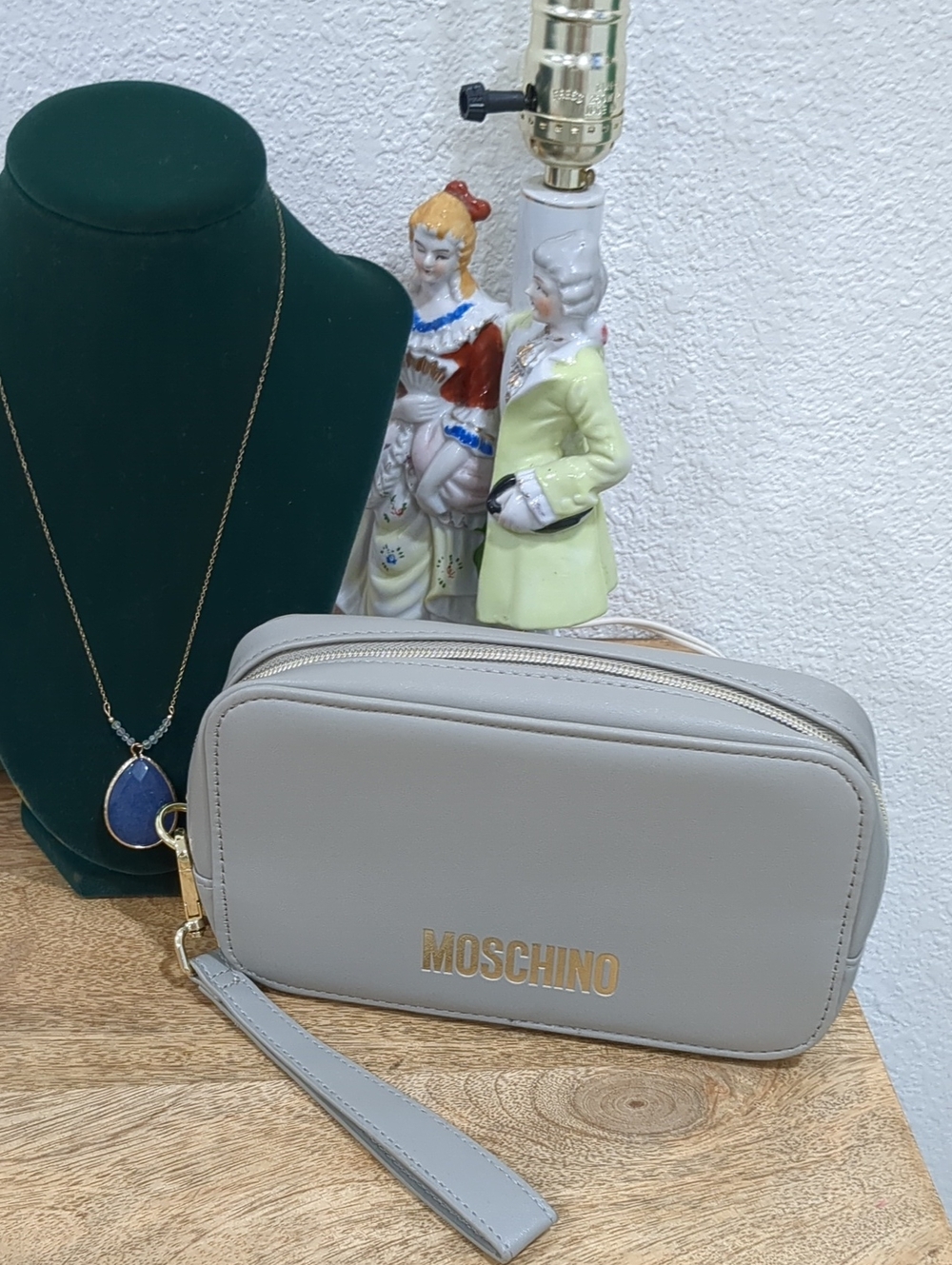 Moschino Light Gray Faux Leather Wristlet Clutch with Gold Logo